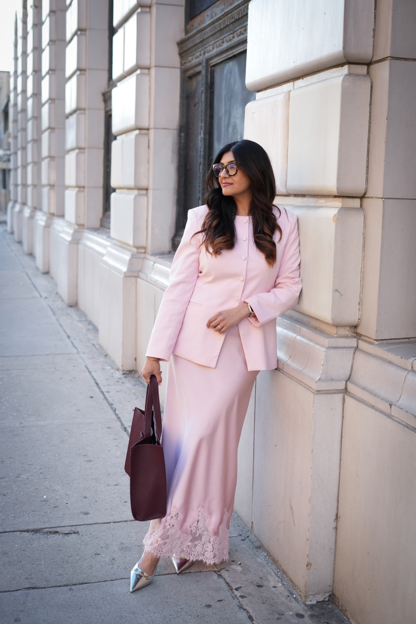 Spring workwear - I am on the go always at work and need fabrics and clothes that don’t fuss. This pink blazer and pink
Lace skirt are the perfect combination for my office outfit. Also a must need is an oversized tote for work. 

Skirt runs tts wearing large 
Blazer runs tts wearing a large 

Save this for the mornings you’re running on coffee and vibes ☕️✨

Perfect for:
• office days 
• client meetings 
• presentations
• work dinners 
• polished everyday wear 

#LTKWorkwear #LTKootd #LTKdayinmylife