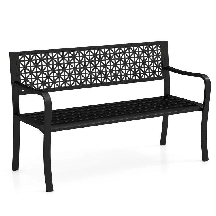 Hivvago 50 Inch Outdoor Metal Garden Bench with Rattan-Like Backrest for 2-3 People-Black | Shop Simon