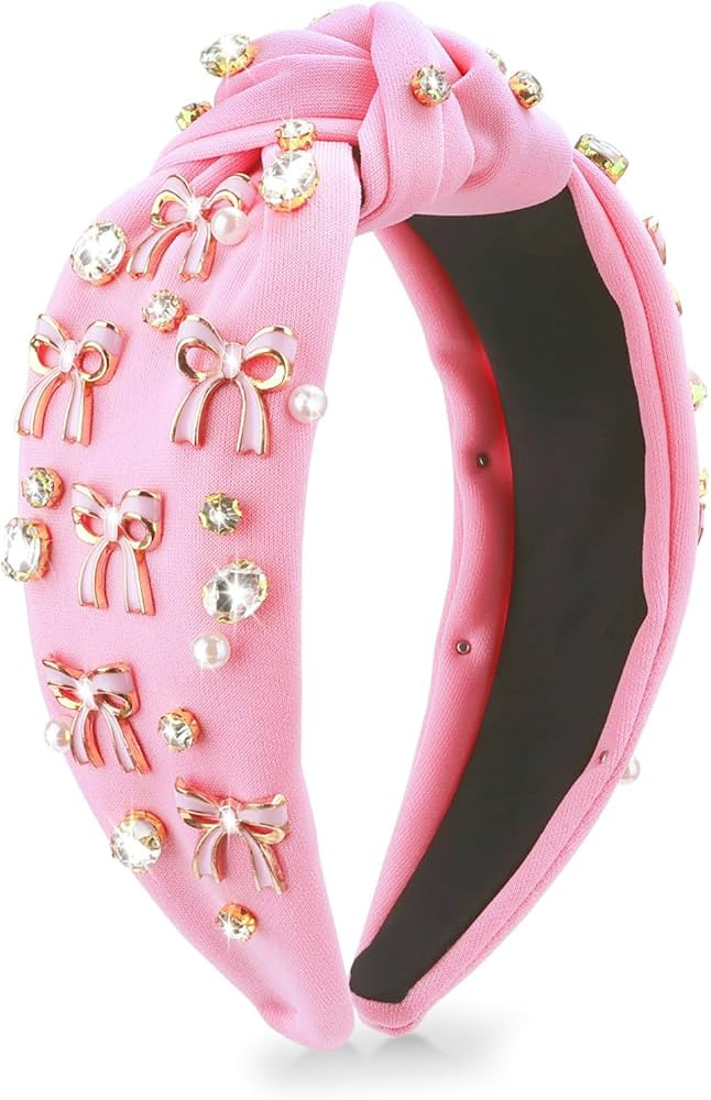 Pink Bow Knotted Headband for Women, Back to School Outfits Hair Accessories, Coquette Bow Crysta... | Amazon (US)