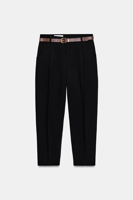 Mid-waist cropped trousers with a belt and front pleats. Featuring front pockets and false flap b... | Zara UK