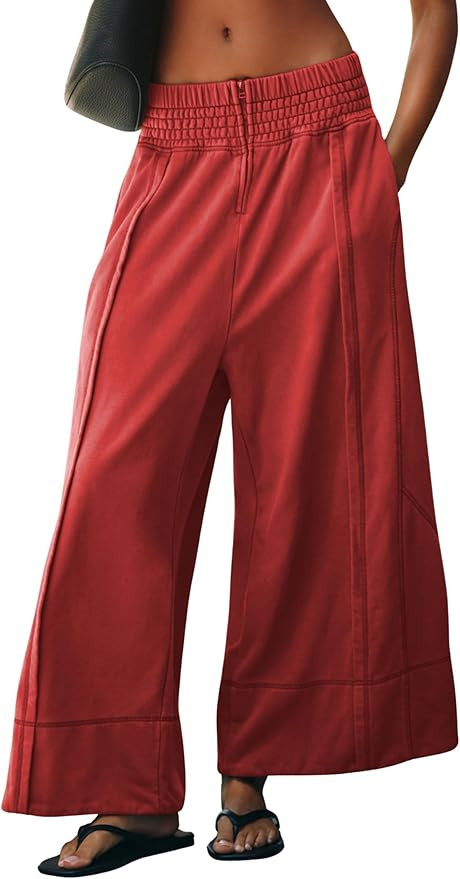 Womens Casual Wide Leg Pants Elastic High Waisted Palazzo Loose Trousers with Pockets | Amazon (US)