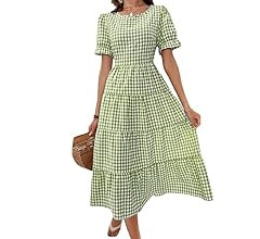 Verdusa Women's Short Sleeve Plaid Pattern V Neck A Line High Waist Midi Dress | Amazon (US)
