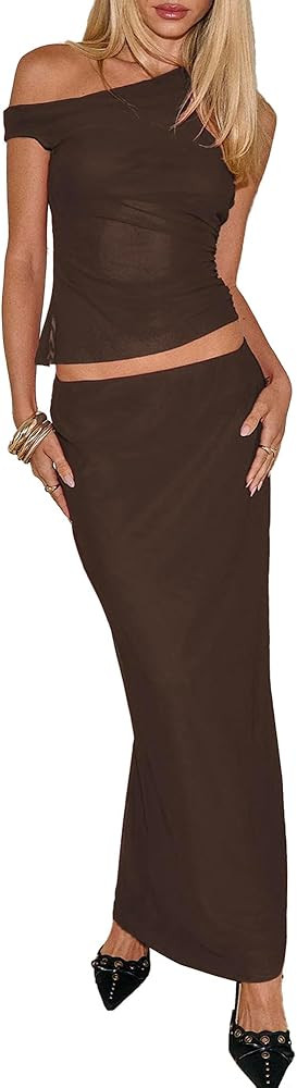 Women's Summer Mesh 2 Piece Maxi Skirt Sets Sexy One Shoulder Tops Bodycon Going Out Vacation Two... | Amazon (US)