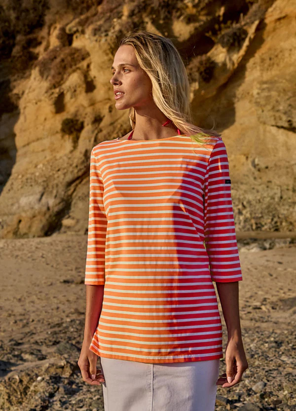 PHARE - Boat Neck Striped Tunic with Slits | Stretch fabric with UV Protection (ORANGE / WHITE) | Saint James