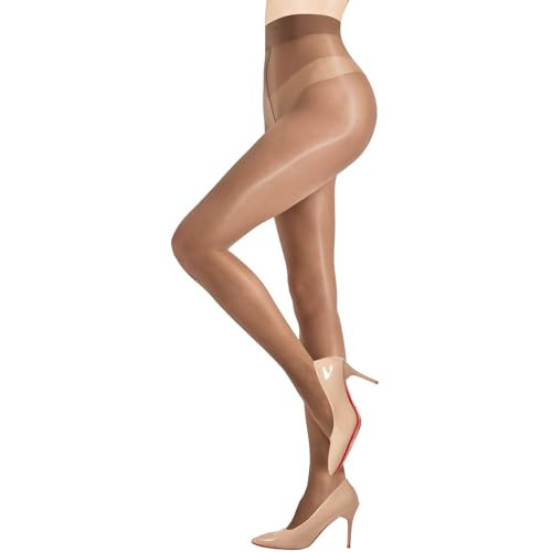 Aaronano Shiny Pantyhose for Women Shimmer Sheer Tights Silk Oil High Waist Stockings(Brown,S/M) | Amazon (US)