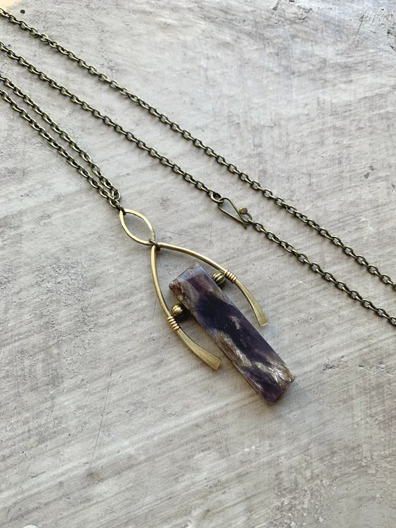 beautiful natural stone pendant, agate slab pendant, long boho necklace, antiqued gold boho jewel... | Etsy (US)