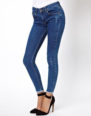ASOS Ridley High Waist Ultra Skinny Ankle Grazer Jeans in Blue with Ripped Raw Hem | ASOS UK