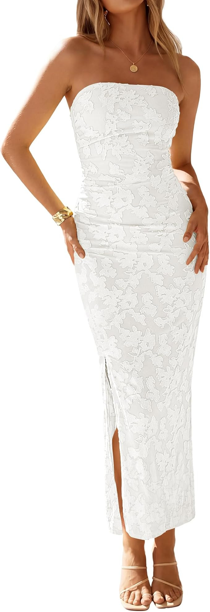 ZESICA Womens 2026 Summer Floral Strapless Maxi Dress Bodycon Side Slit Mesh Formal Cocktail Part... | Amazon (US)