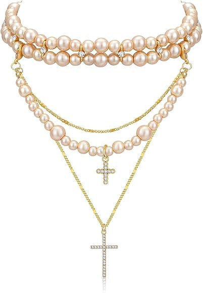 Layered Pearl Necklace Statement Y2k Pearl Cross Necklace Stacked Rhinestone Pearl Necklace for W... | Amazon (US)