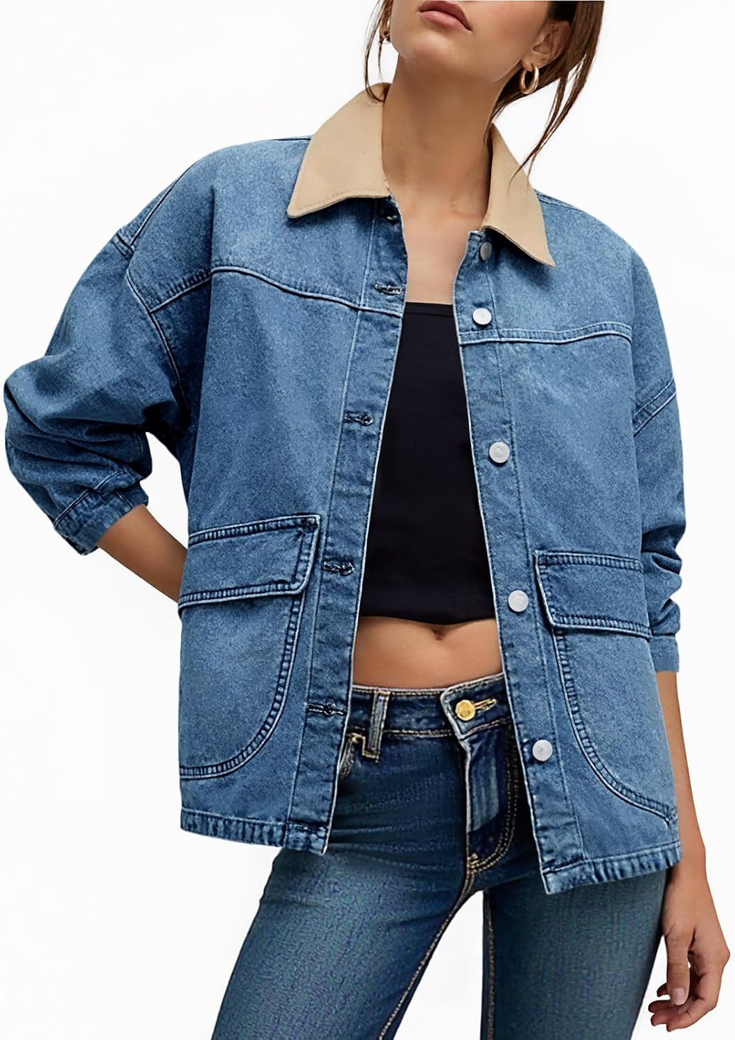 Tankaneo Womens Oversized Denim Jacket Casual Contrast Canvas Collar Button Down Jean Jackets with Pockets | Amazon (US)