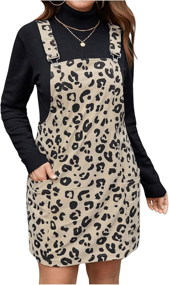 MakeMeChic Women's Plus Size Overall Dress Leopard Print Pinafore Adjustable Strap Corduroy Short Dress | Amazon (US)