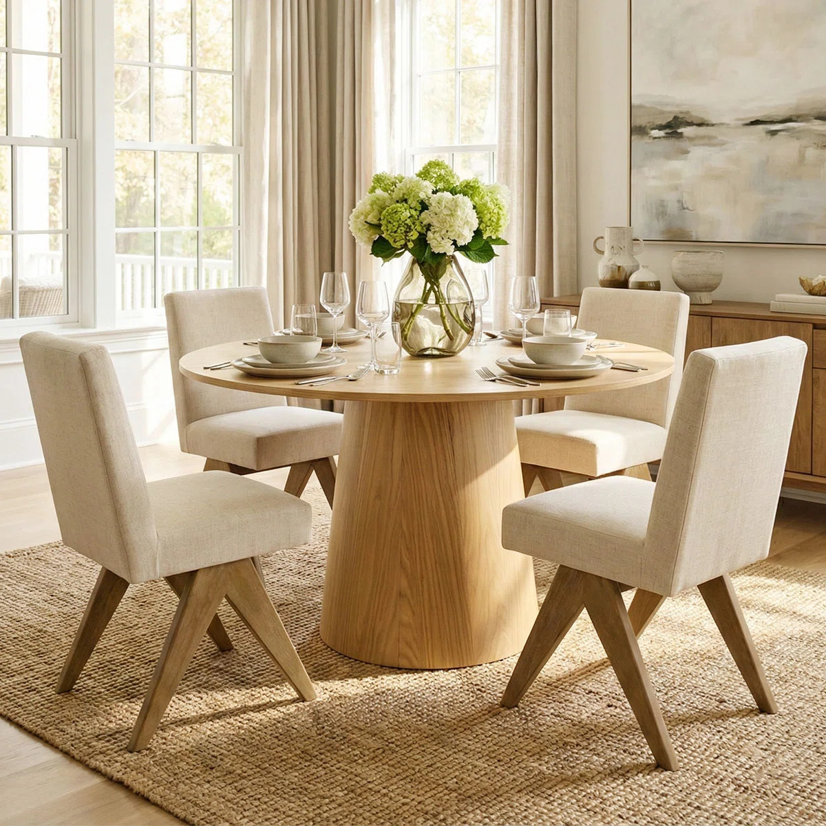 Gregg 4 - Person Dining Table Sets With 52'' Round Table & 4 Upholstered Solid Wood Chairs | Wayfair North America