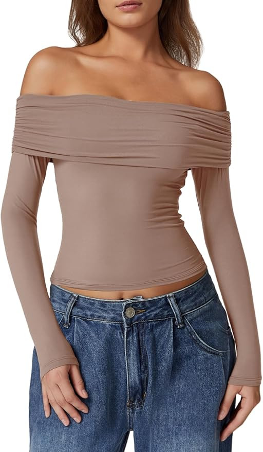 QINSEN Womens Off The Shoulder Tops Double Lined Long Sleeve T Shirts Slim Fitted Stretchy Crop T... | Amazon (US)