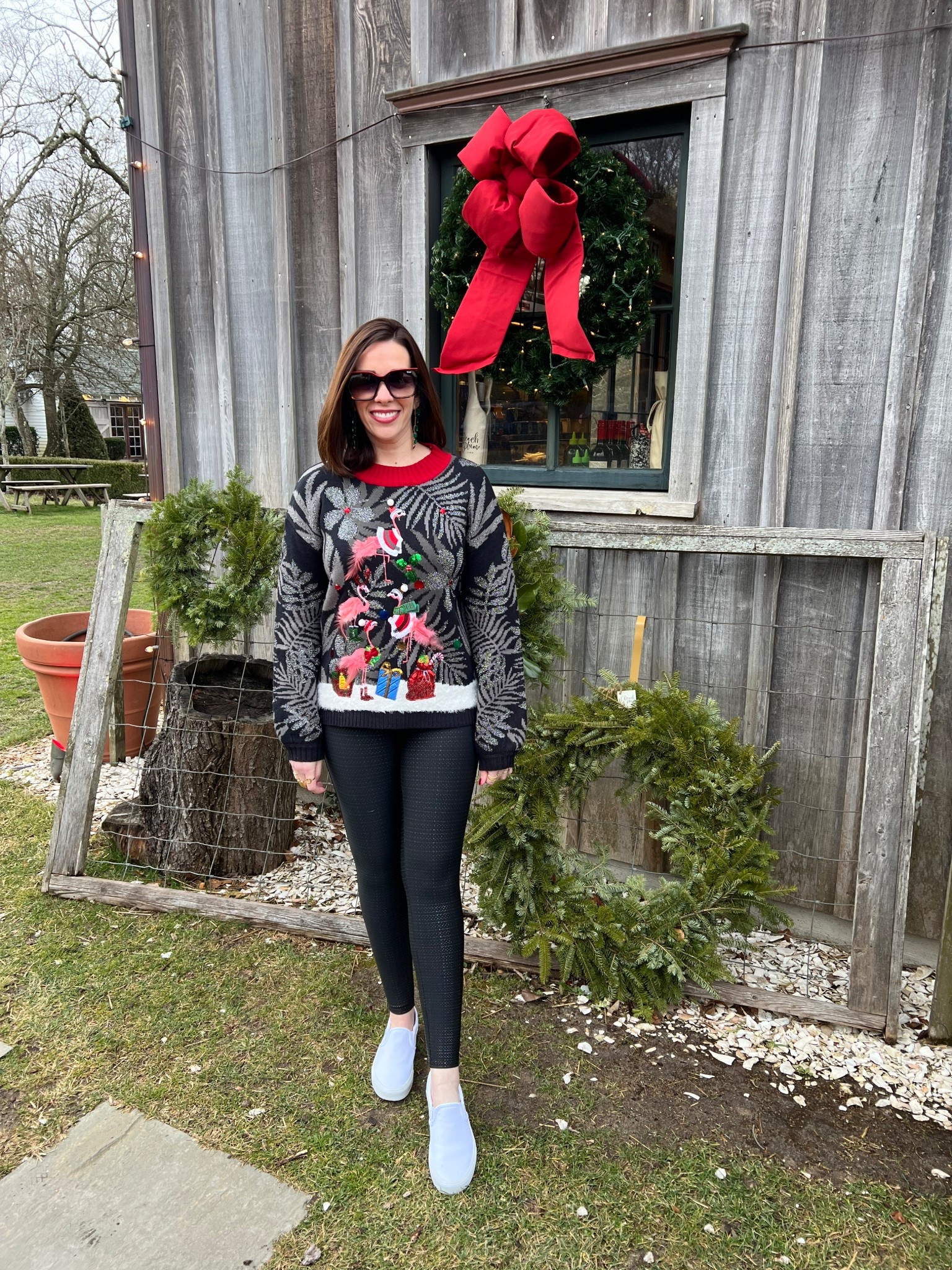 Flamingo Christmas sweater (small). Black faux leather leggings (small). White slip on sneakers (8.5). #sweater #flamingosweater #christmassweater #leggings #blackleggings #fauxleatherleggings #sneakers #whitesneakers #sliponsneakers #christmasoutfit #holidayoutfit #winteroutfit 
winter capsule wardrobee

#LTKFindsUnder100 #LTKSeasonal #LTKFindsUnder50