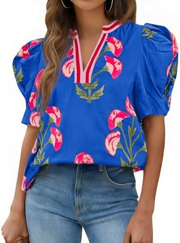 Cicy Bell Womens Summer Puff Sleeve Blouses Casual Dressy V Neck Color Block Tops Loose Fit Boho ... | Amazon (US)