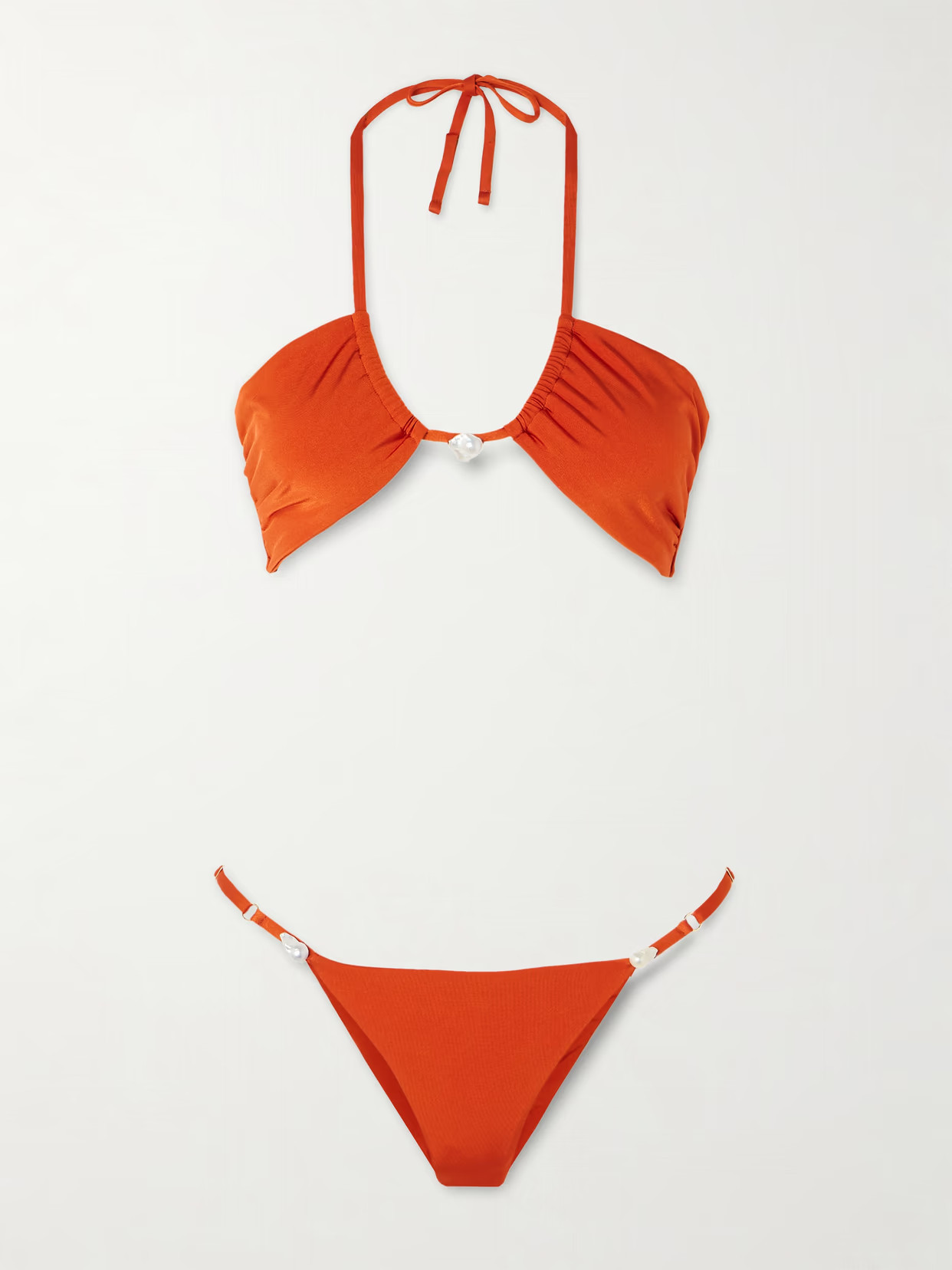 Sara Cristina - Bahia Pearl-embellished Stretch-econyl Halterneck Bikini - Orange | NET-A-PORTER (US)