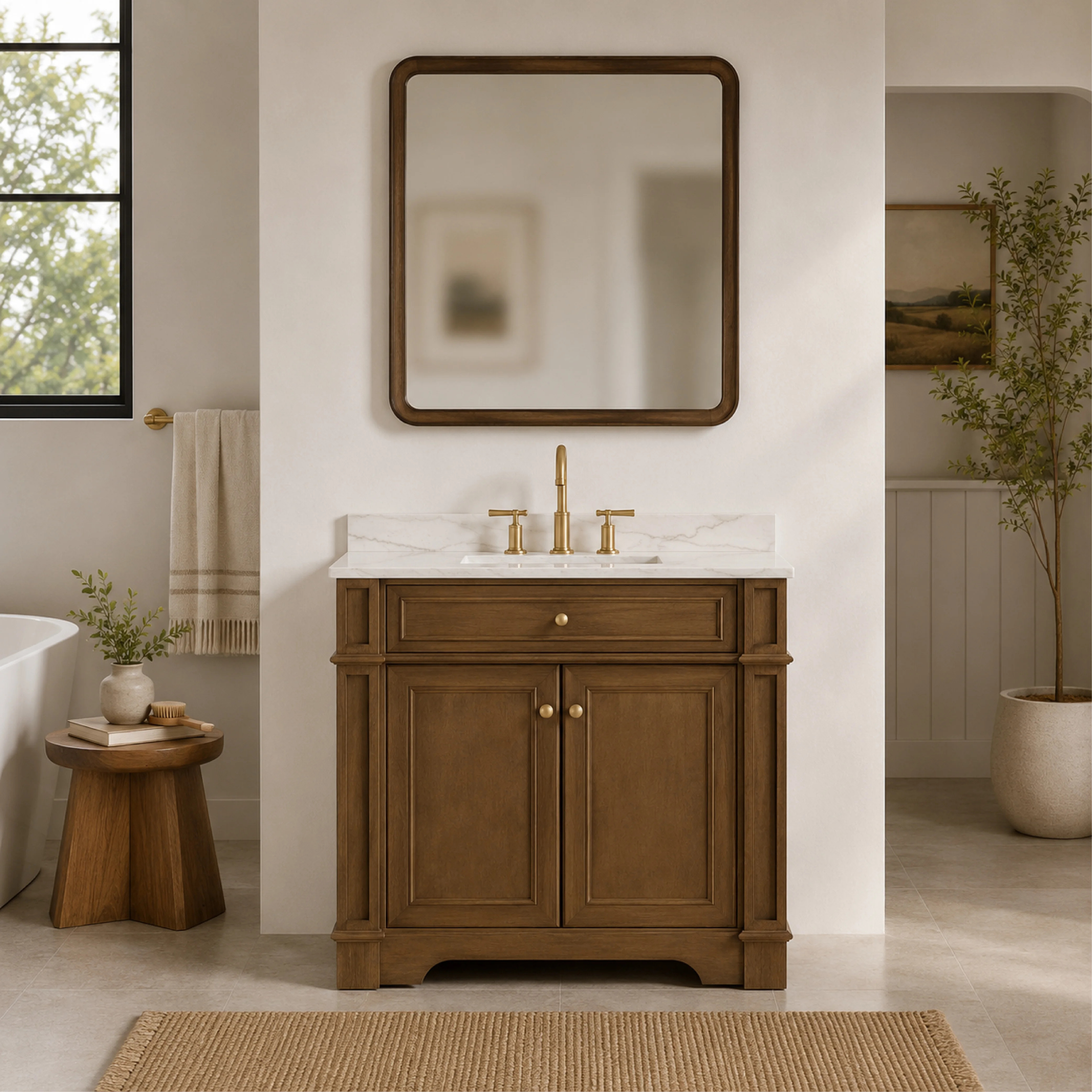 Joselle 48"W x 21"D Light Walnut Vanity and Carrara White Engineered Stone Vanity Top with Rectangular Undermount Single Bowl | Wayfair North America