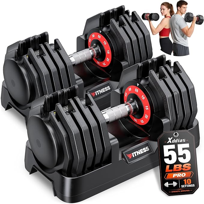 XDDIAS Adjustable Dumbbells Set of 2 for Strength Training, One-Hand Quick Adjust, 25/55/80/90 lb... | Amazon (US)