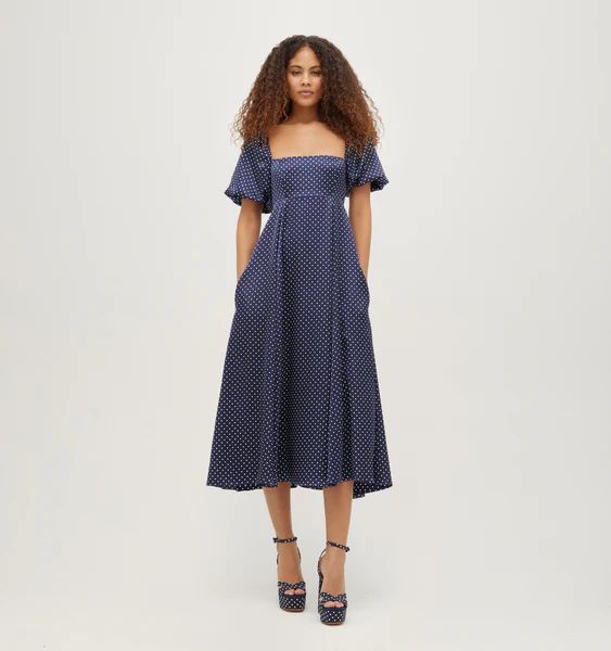 The Matilda Dress - Navy Polka Dot Silky Satin | Hill House Home