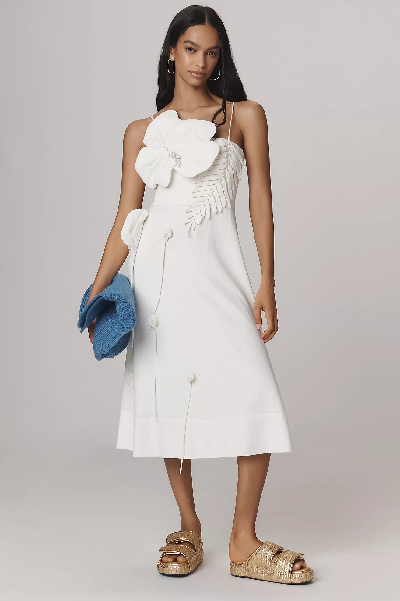 Farm Rio Linen Blend Garden Sleeveless Floral Appliqué Midi Dress | Anthropologie (US)