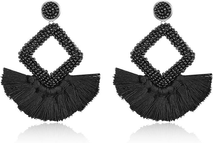 Statement Tassel Drop Earrings - Bohemian Beaded Square Fringe Dangle Earrings Gift for Women | Amazon (US)