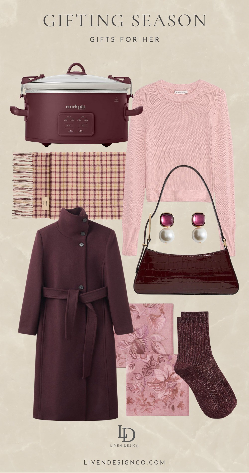 Gift guide for her. Crock pot. Gift for cook. Scarf. Sweater. Handbag. Earrings. Wool coat. Splurge worthy. $75. $50. Napkins. Gift for host. Socks. 

#LTKHoliday #LTKGiftGuide #LTKFindsUnder100