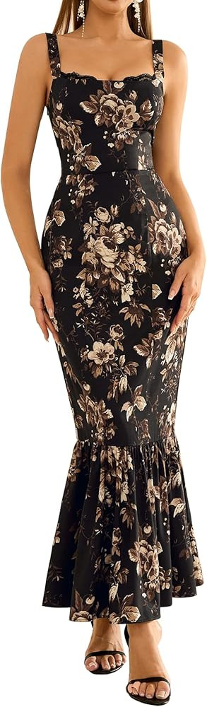 HTZMO Women Casual Summer Floral Maxi Dress Square Neck Boho Wedding Guest Elegant Long Sundress | Amazon (US)