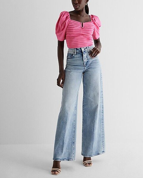Satin V-Bar Puff Sleeve Ruched Pleated Top | Express