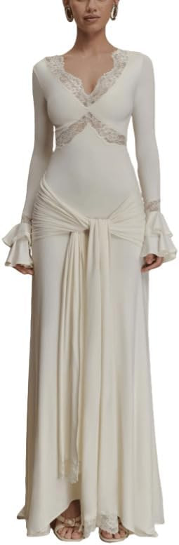 Melliflo Lace Patchwork Dress for Women Bodycon Hollow Out V Neck Knotted Ruched Wrap Slim Long D... | Amazon (US)