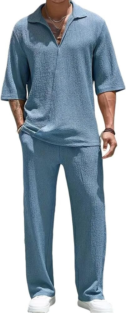 Men's Spring & Summer Solid 2pcs Jacquard Collared Short Sleeve Blouse & Drawstring Pocket Pants ... | Amazon (US)