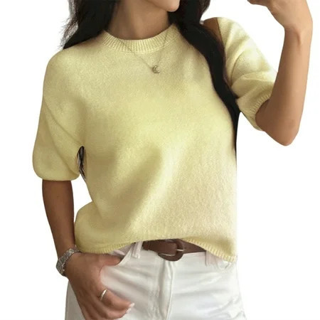 Womens Summer Short Sleeve Crew Neck Light-Weight Pullover Sweaters Loose Dressy Casual Blouse Clothes Yellow M | Walmart (US)