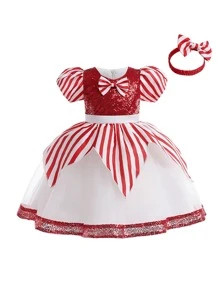 Girls' Patchwork Red & White Color Block Tulle & Satin Puffy Dress With Hair Accessory For Formal... | SHEIN