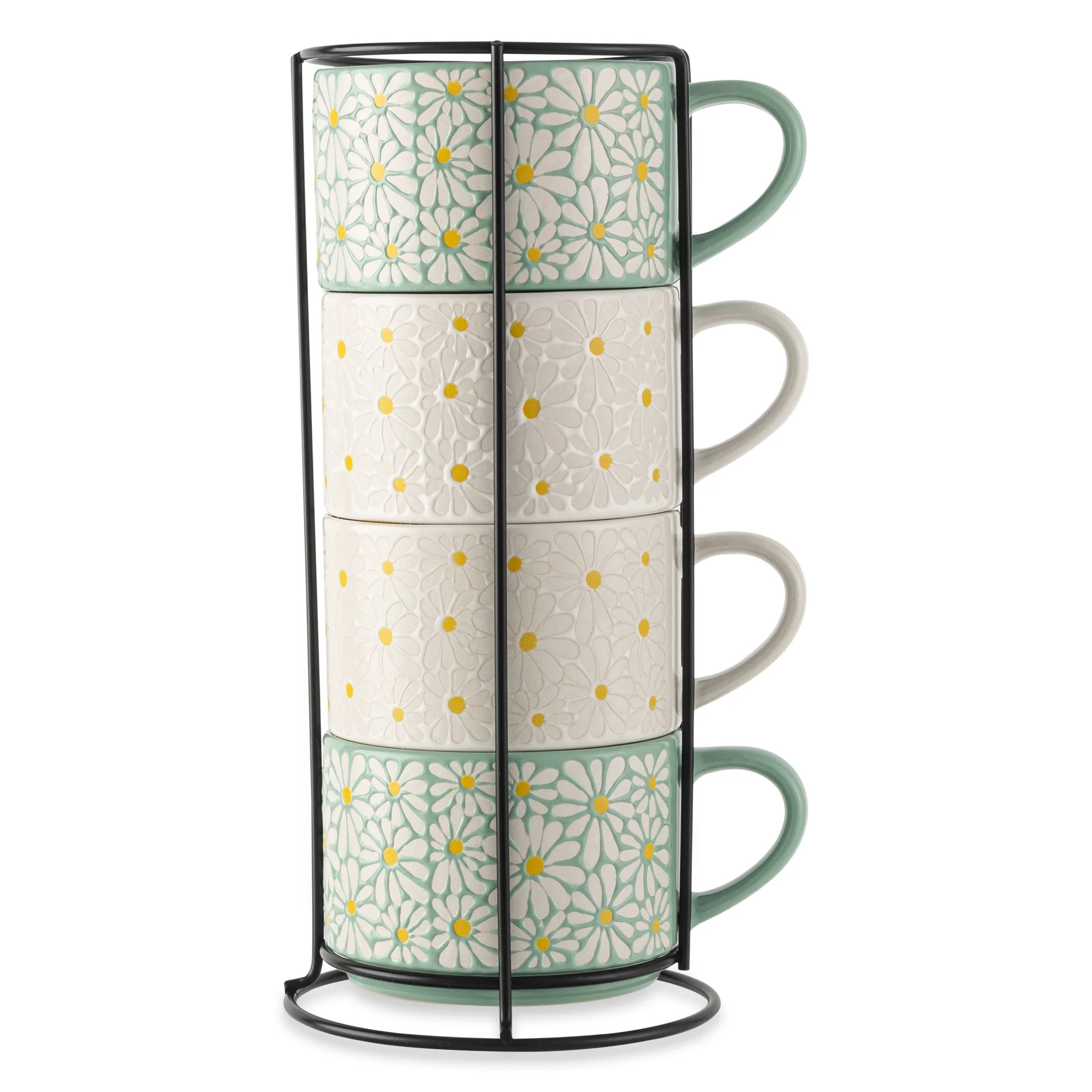 Thyme & Table White 4 Pack Stacking White and Green Floral Mugs 11.1 fl oz, Stoneware | Walmart (US)