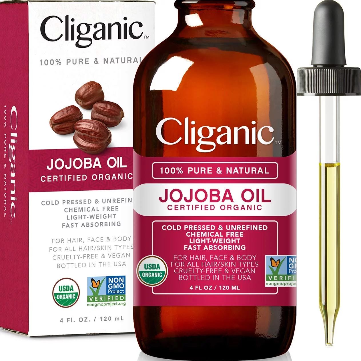 Cliganic USDA Organic Jojoba Oil, 100% Pure (4oz) - Cold Pressed Unrefined | Walmart (US)