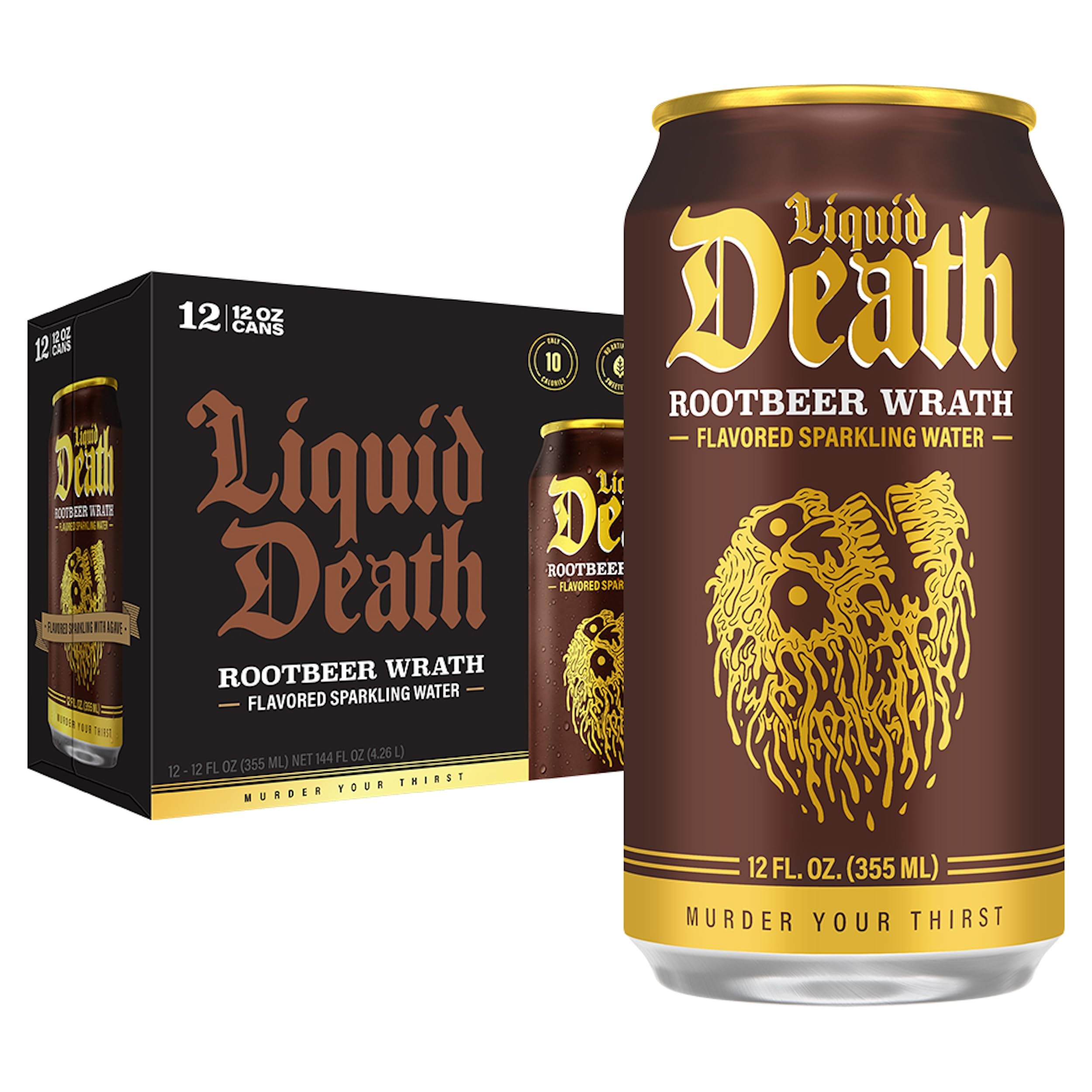 Liquid Death, Rootbeer Wrath, Root Beer-Flavored Sparkling Water, 12-Pack (12oz Cans), Low Calori... | Amazon (US)