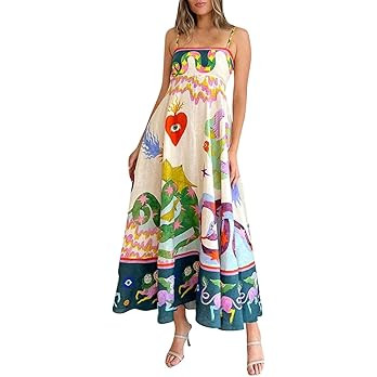 Women Boho Maxi Cami Dress Sleeveless Spaghetti Strap Dresses Graffiti Long Flowy Dresses Cute Su... | Amazon (US)