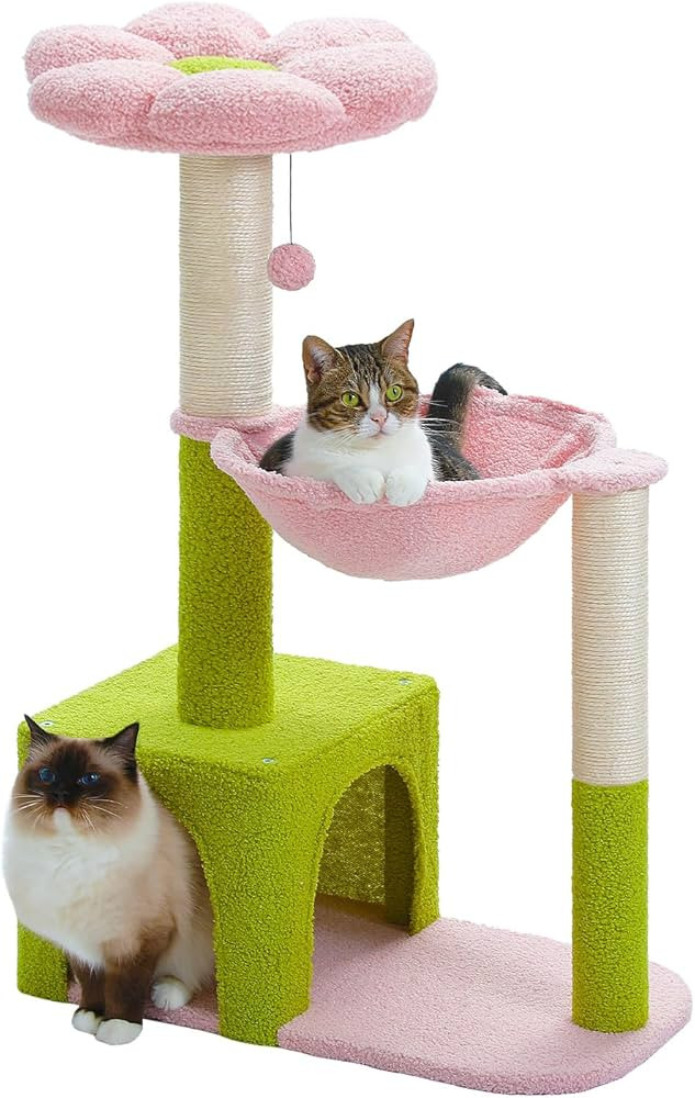 Flower Cat Tree with Large Metal Frame Hammock, 35" Cute Cat Tower with Sisal Scratching Posts fo... | Amazon (US)