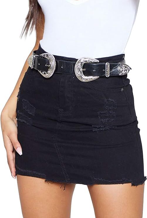 Jean Skirts for Women's Casual Washed Frayed Stretch Denim Mini Skirt | Amazon (US)