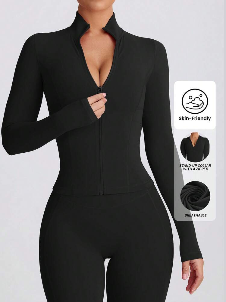 Yefecy Women's Solid Zip Up Mock Neck Spring Sports Jacket, Back To School, Fashion Long Sleeve Sports Outerwear For Tennis Pickleball Gym Yoga Workout Running. Define Jacket, Women's Sports Wear | SHEIN