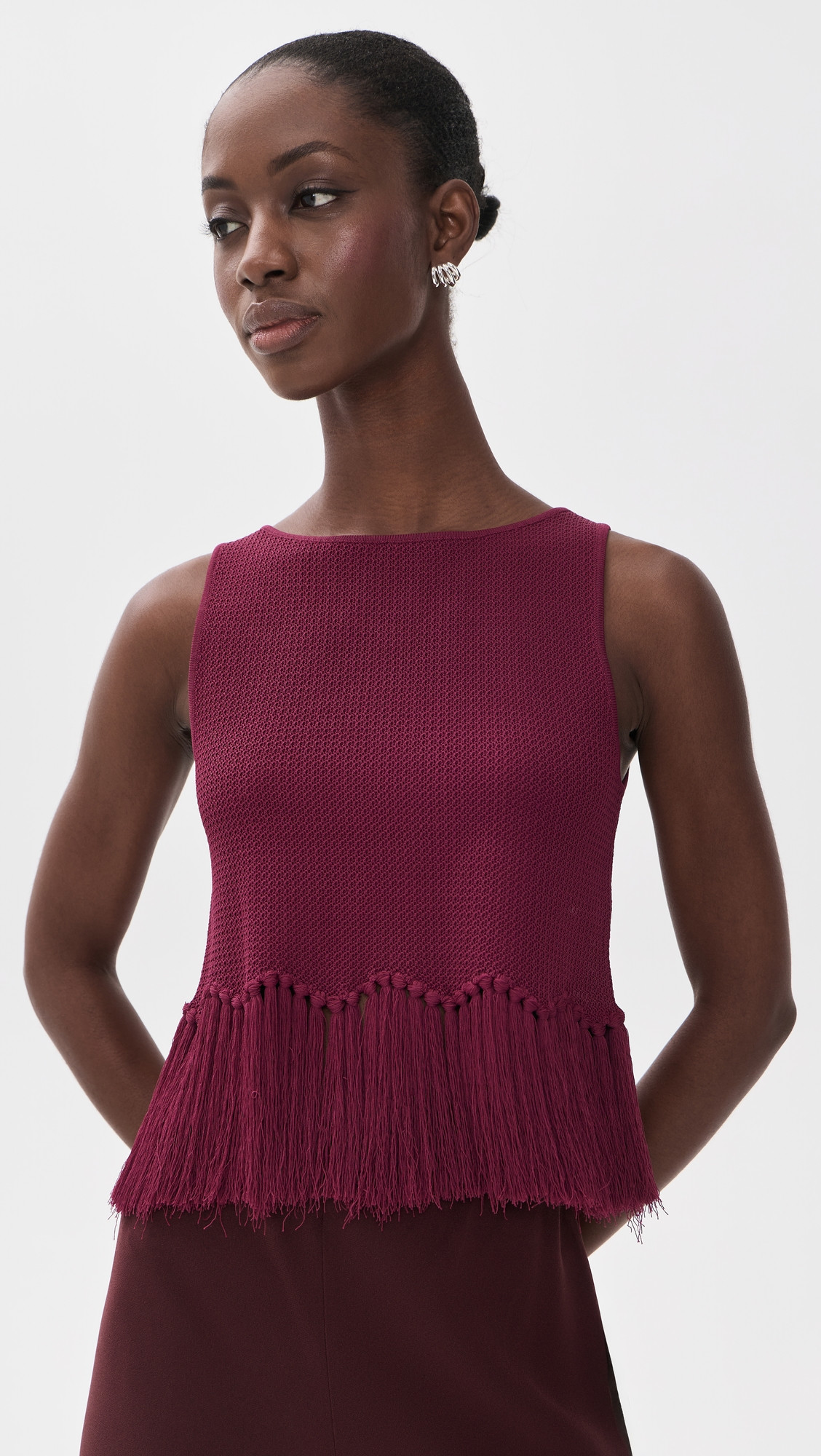English Factory Fringe Detailed Sleeveless Knit Top Burgundy M | Shopbop