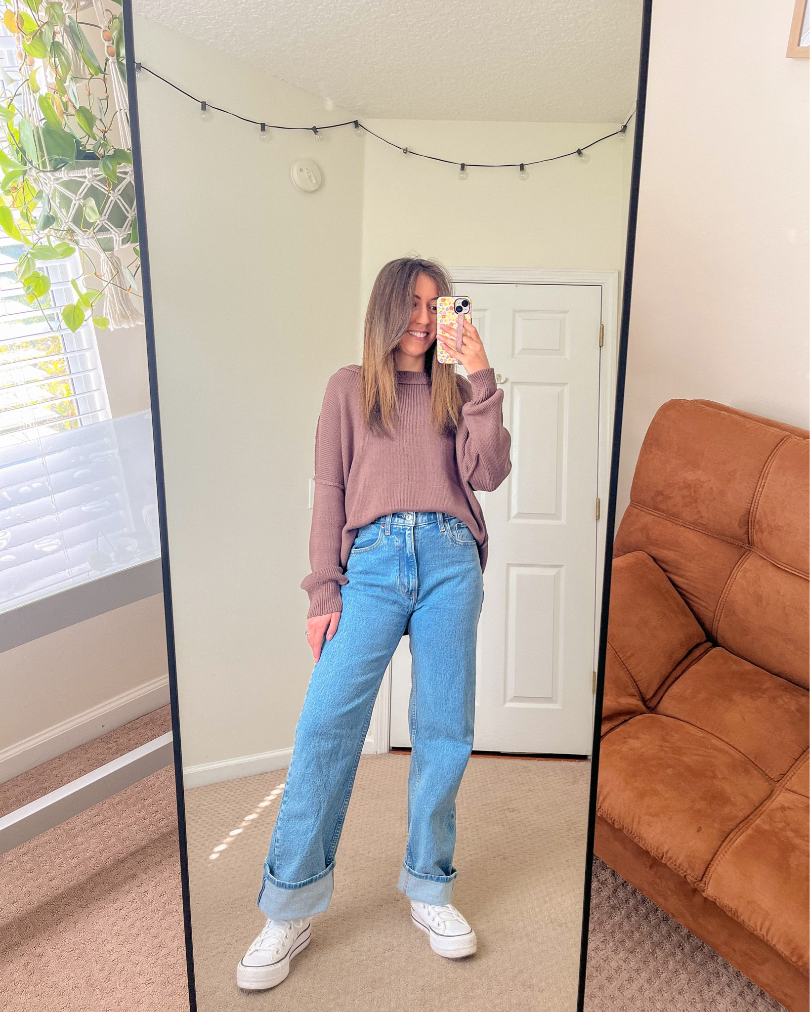 Casual Fall / Winter Outfit Idea; Brown Sweater, Relaxed 90s Jeans, Platform Converse

#LTKstyletip