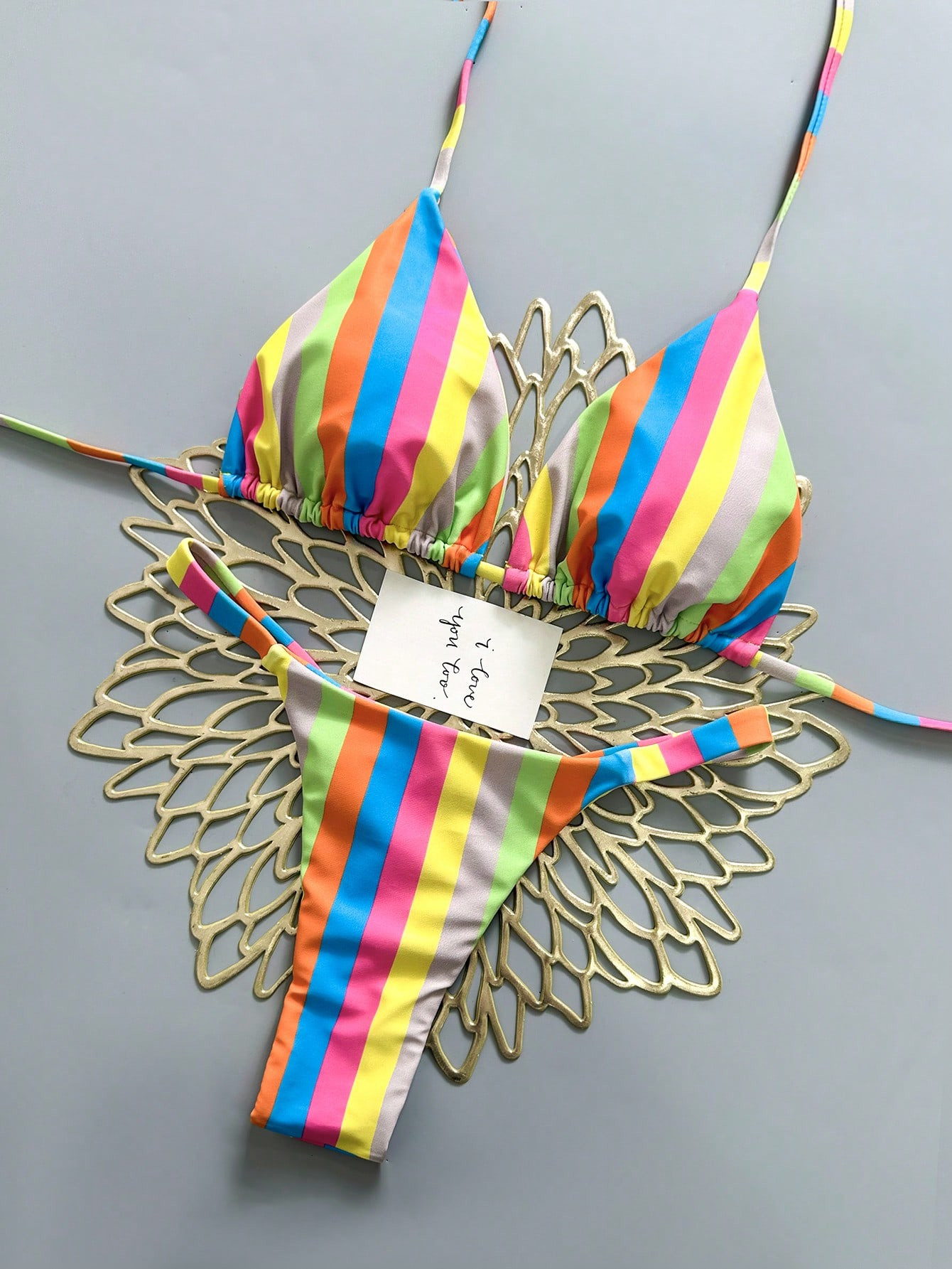 2pcs Striped Print Bikini Set, Casual Cute Elegant Sexy Bohemian Style Tie-Up Bikini, Suitable For Beach Vacation, Spring/Summer | SHEIN