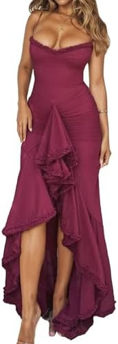 LETSVDO Women's Mesh Ruffle Maxi Dress Bodycon Ruched Corset Spaghetti Strap High Low Irregular H... | Amazon (US)