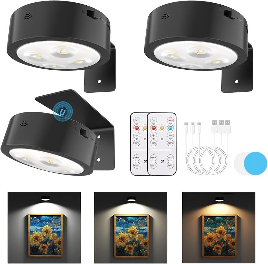 3 Pack Picture Lights for Wall, Rechargeable Battery Operated wall lights, Picture Frame lights w... | Amazon (US)