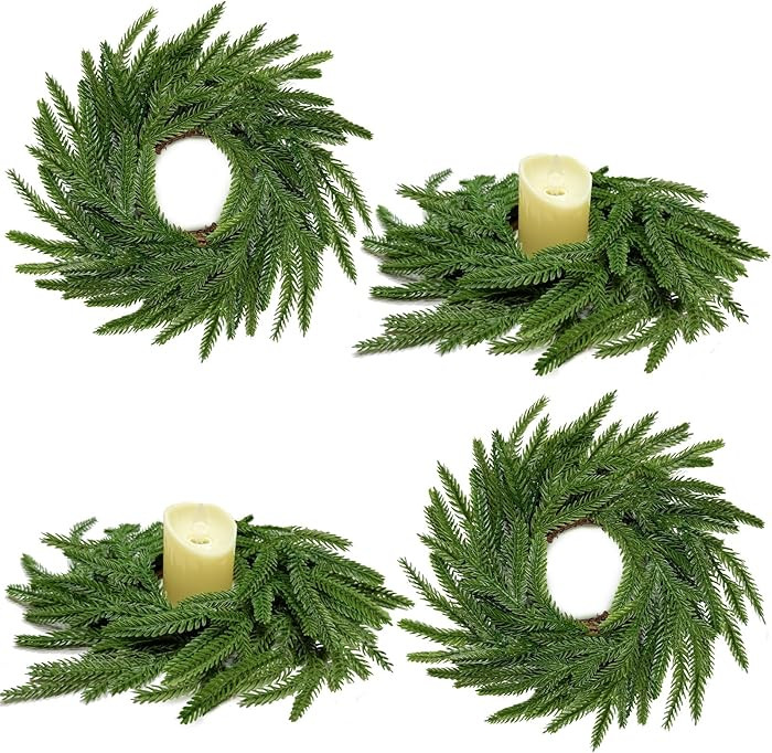 13.5 Inch Norfolk Pine Wreath Candle Rings, 4 Pcs Realistic Soft and Full Mini Christmas Wreath T... | Amazon (US)