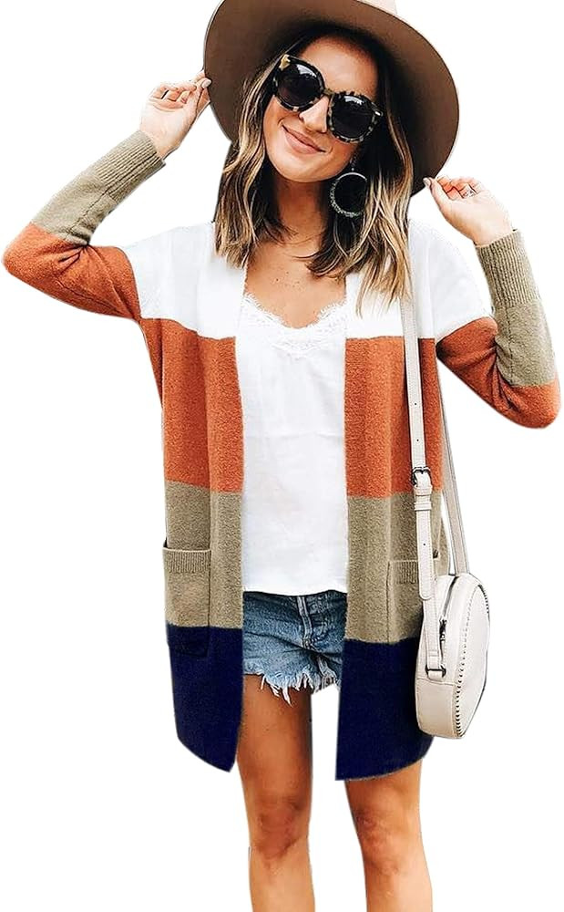 ECOWISH Womens Cardigan Color Block Striped Draped Kimono Cardigans Long Sleeve Open Front Casual... | Amazon (US)