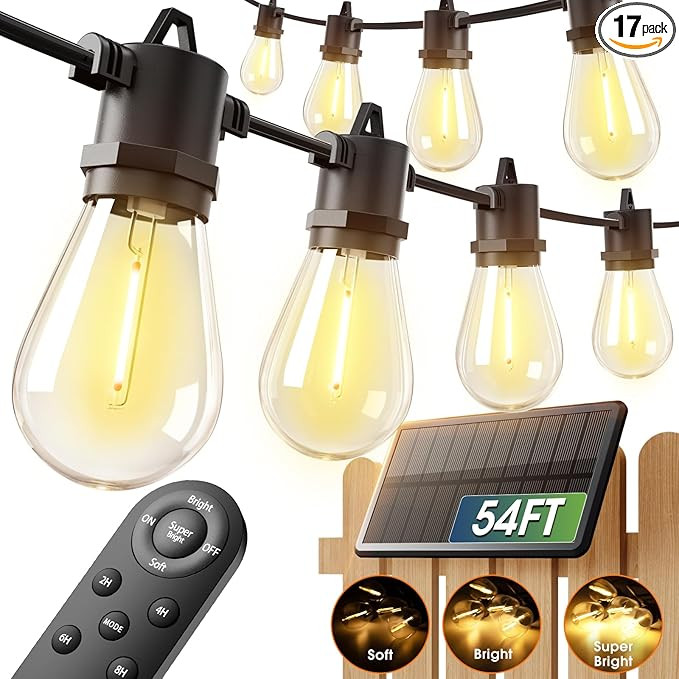 addlon 54FT(48+6) Solar String Lights Outdoor Waterproof with USB Charging & Remote Control - Dim... | Amazon (US)