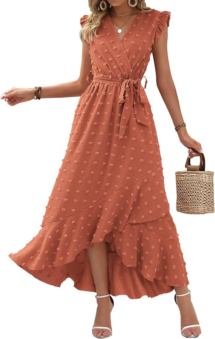 BTFBM Women 2024 Summer V Neck Dress Cap Sleeve Swiss Dot Boho Ruffle Slit Beach Cocktail Party F... | Amazon (US)