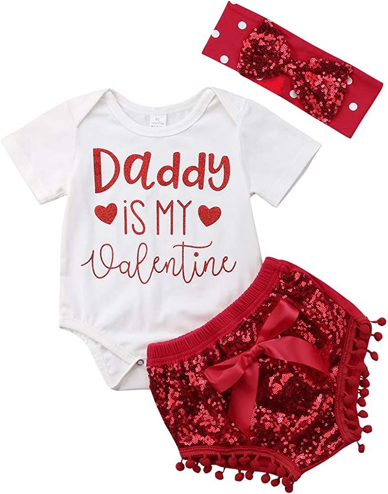 Newborn Baby Girls Valentine's Day Outfits Daddy is My Valentine Romper Bodysuit Sequin Shorts Headb | Amazon (US)