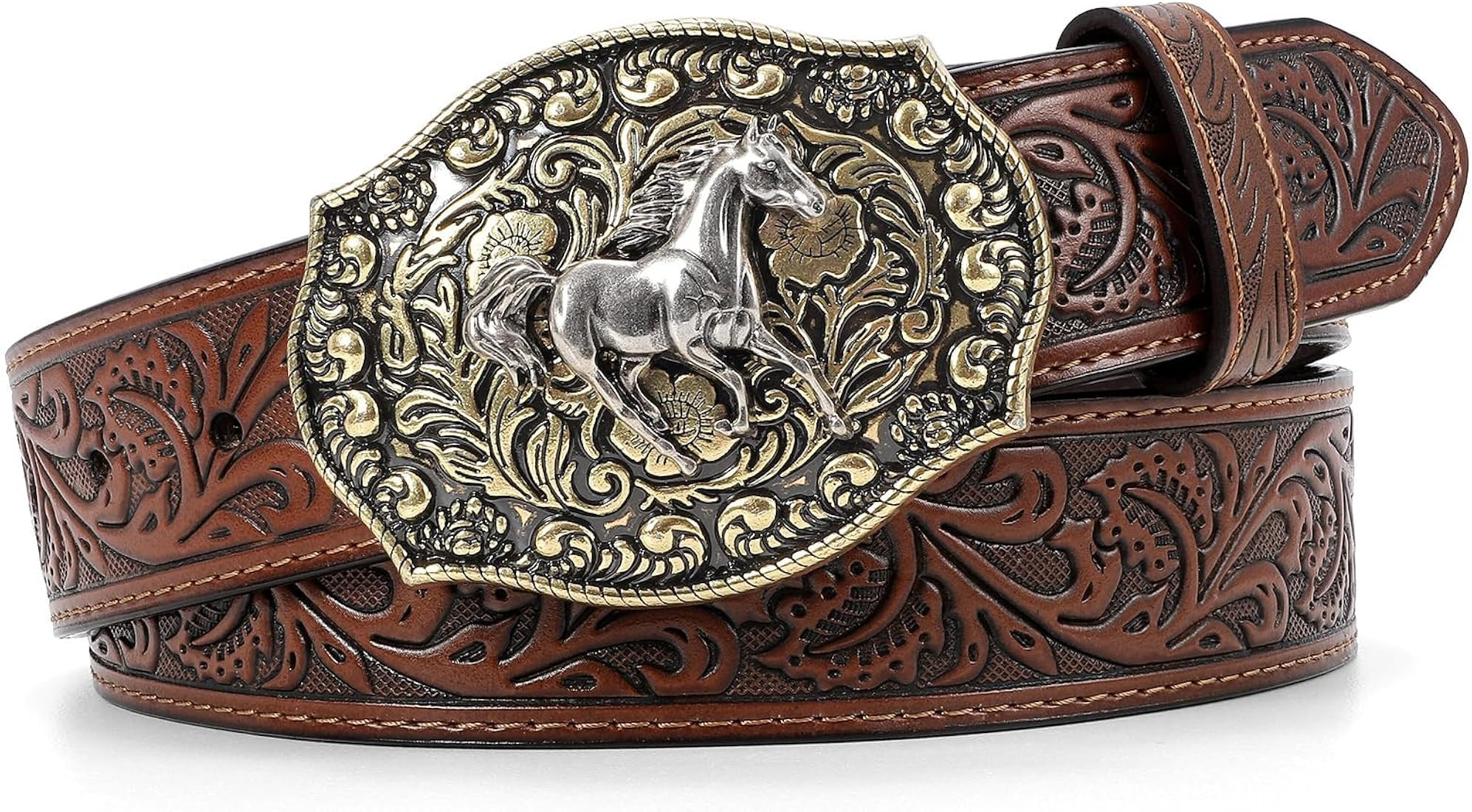 SANSTHS Cowboy Belts for Men Women Western Buckle Belt Cowboy Cowgirl Embossed Leather Belt for J... | Amazon (US)